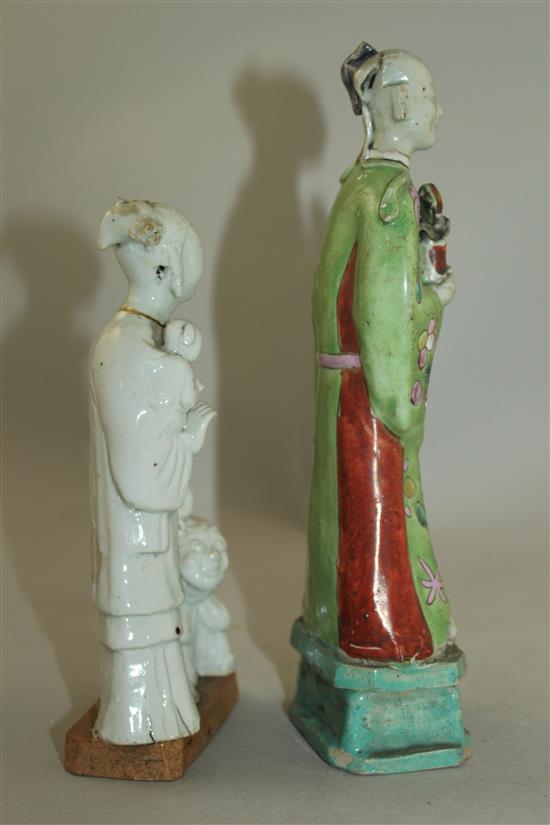 Two Chinese glazed biscuit porcelain figures or groups, late 18th / early 19th century, 17.5cm, both with slight losses